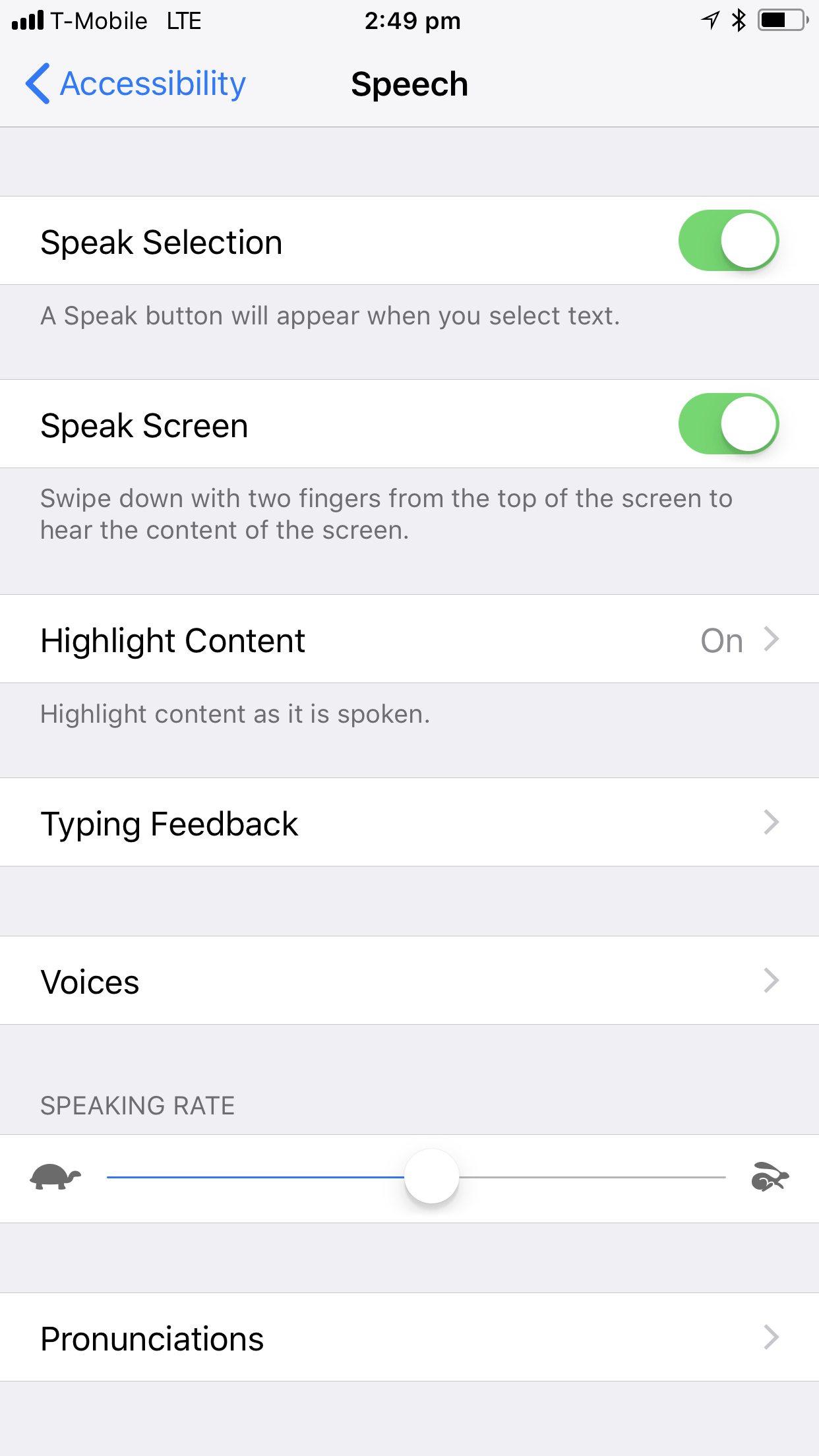 Image of iOS Speech screen, with 'Speak Selection' and 'Speak Screen' on.